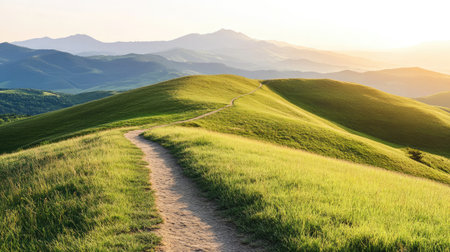 A footpath leading across a grassy meadow with rolling hills and a bright sky in the backgroundの素材