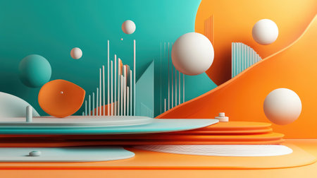 A dynamic layout of colorful D shapes and patterns floating in a minimalistic spaceの素材