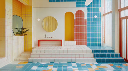 A dynamic layout of colorful D shapes and patterns floating in a minimalistic spaceの素材