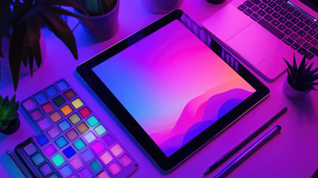 A flat lay of a minimalist desk with a graphic tablet, stylus, color palette, and glowing laptop screenの素材