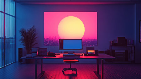 A desk setup featuring a glowing screen with color correction tools and palettesの素材