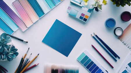 A flat lay of design mockups, color swatches, and brushes on a clean white deskの素材
