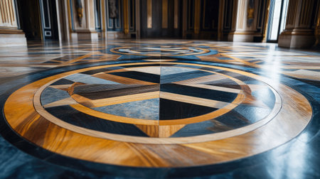 A decorative wood inlay featuring geometric patterns in contrasting wood typesの素材