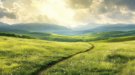 A footpath leading across a grassy meadow with rolling hills and a bright sky in the backgroundの素材