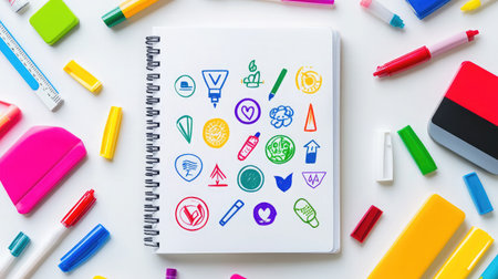A flat lay of a notebook with logo sketches surrounded by colorful markers and rulersの素材