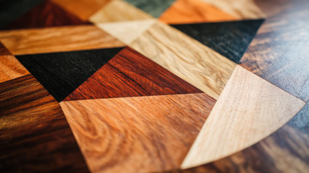 A decorative wood inlay featuring geometric patterns in contrasting wood typesの素材