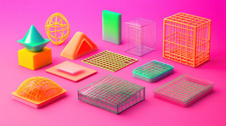 A grid of abstract shapes and bright colors representing creative design elementsの素材