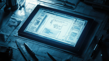 A glowing tablet displaying a UI design mockup surrounded by minimalist design toolsの素材