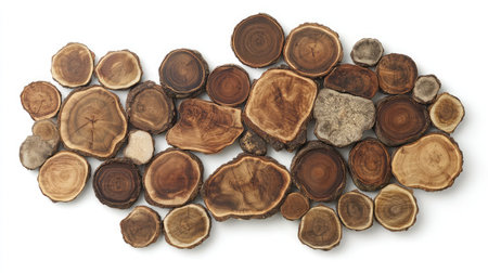 A radial pattern of wood slices arranged on a white background, showcasing natural grainsの素材