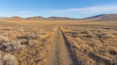 A lone road stretching into a desert landscape with a clear blue sky and golden sunlightの素材