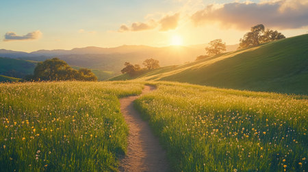 A meadow trail bathed in the soft golden light of a bright sunriseの素材