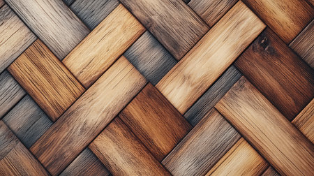 A modern parquet flooring pattern made from interlocking light and dark wood piecesの素材