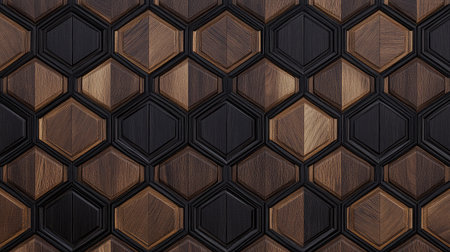 A parquet wood pattern with hexagonal shapes in contrasting wood finishesの素材