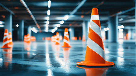 A parking garage with safety cones placed at an under-construction areaの素材