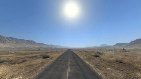 A lone road stretching into a desert landscape with a clear blue sky and golden sunlightの素材