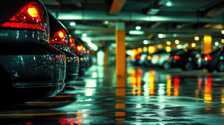 A section of a parking garage reserved for compact cars with tight parking spacesの素材