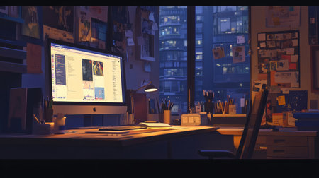 A soft-focus shot of a sleek workspace with modern graphic design software open on a monitorの素材