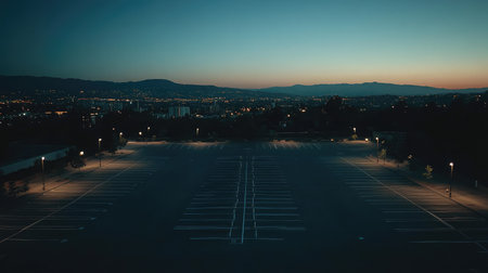 A rooftop parking lot under soft lighting with visible lane markings and a distant horizonの素材