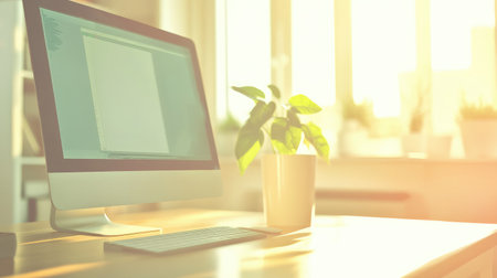 A soft-focus shot of a sleek workspace with modern graphic design software open on a monitorの素材