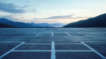 A rooftop parking lot under soft lighting with visible lane markings and a distant horizonの素材