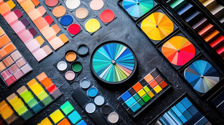A set of color wheels and swatches placed on a black textured surface with design elementsの素材