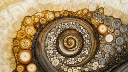 A spiral pattern of wood slices forming a decorative natural compositionの素材