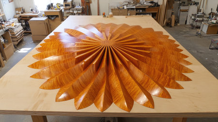 A top-down view of a wooden tabletop with radial saw marks and smooth edgesの素材