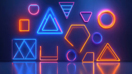 A vibrant composition of glowing holographic shapes and textures in futuristic tonesの素材