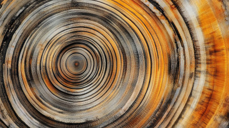 Close-up of radial wood grain from the cross-section of a tree trunk in warm tonesの素材