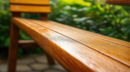 Close-up of wood grain on a rustic wooden bench with rough texturesの素材