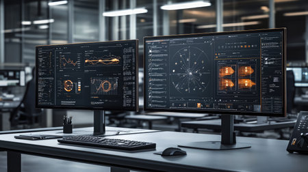 A clean and modern desk setup with dual monitors showcasing UI design mockupsの素材