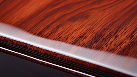 Polished cherry wood grain with a glossy finish and soft light reflectionsの素材