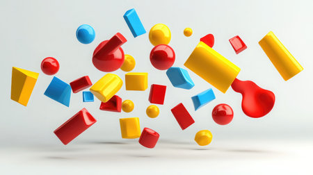 A D render of geometric shapes in vibrant colors floating over a white backgroundの素材
