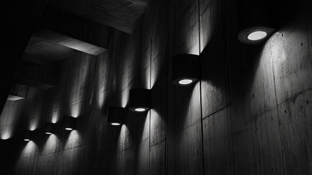 A parking garage at night with evenly spaced lighting fixtures creating long shadowsの素材