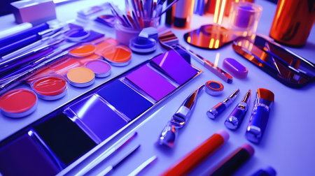 A vibrant color palette with neatly arranged swatches and tools on a white deskの素材