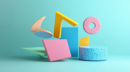 A dynamic layout of colorful D shapes and patterns floating in a minimalistic spaceの素材