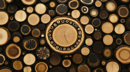 A spiral pattern of wood slices forming a decorative natural compositionの素材