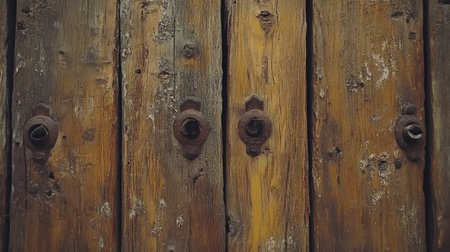 Rustic wooden planks with a weathered texture and visible nail holes in earthy tonesの素材