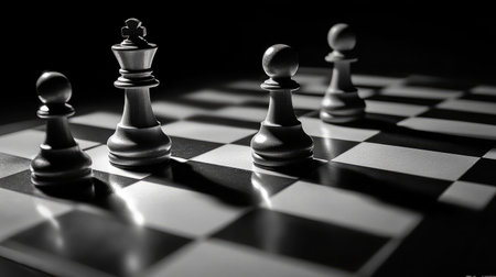 A chessboard with pieces strategically arranged, highlighting a pivotal move that signifies a breakthrough in business planningの素材