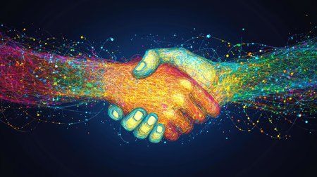Abstract representation of a handshake using intertwined ribbons or lines, creating a sense of unity and agreementの素材