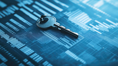A key unlocking a lock over a background of business charts, symbolizing unlocking potential through strategyの素材