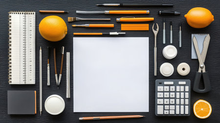 A creative layout of digital and traditional design tools on a dark wooden surfaceの素材