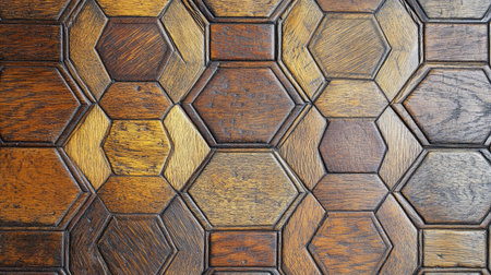 A parquet wood pattern with hexagonal shapes in contrasting wood finishesの素材