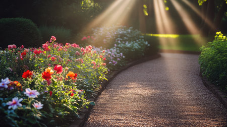 A garden pathway surrounded by colorful flowers glowing in bright sunlightの素材
