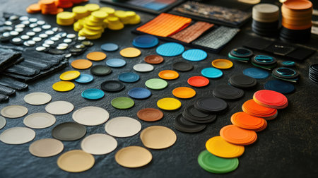 A set of color wheels and swatches placed on a black textured surface with design elementsの素材