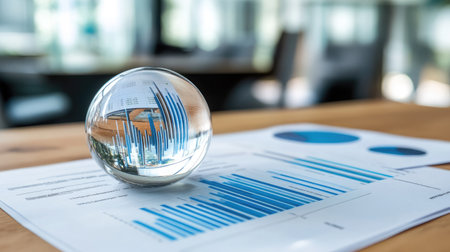 A crystal ball on a desk beside financial reports, symbolizing foresight in business strategyの素材