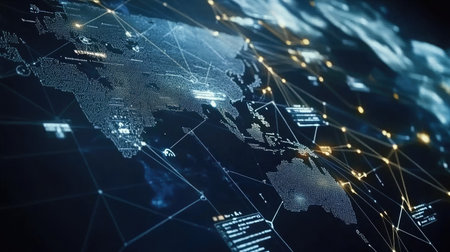 A digital interface with interconnected nodes and pathways, illustrating a strategic business networkの素材