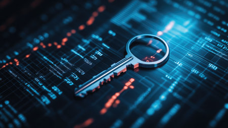 A key unlocking a lock over a background of business charts, symbolizing unlocking potential through strategyの素材