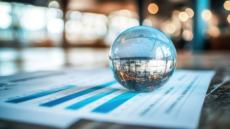 A crystal ball on a desk beside financial reports, symbolizing foresight in business strategyの素材