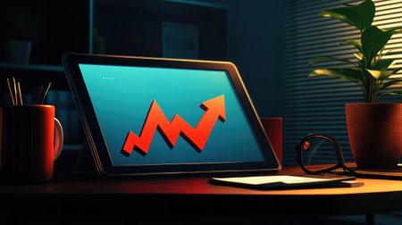 A rising arrow graph on a digital tablet placed on a sleek desk, indicating business growth and strategic planningの素材